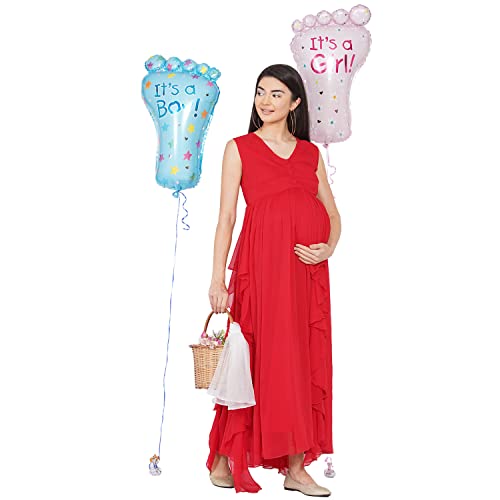Image of Mine4Nine Women's Maternity Solid Red Color Maxi Baby Shower Dress for Women /Soft Comfortable Nursing Dress with Front Button Attached for Post-Pregnancy