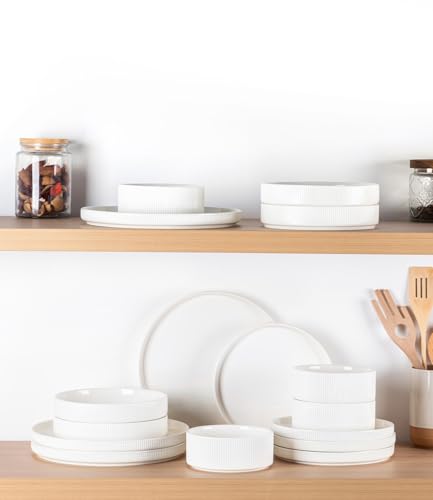 Image of TheTerra Ceramic Dinnerware Sets for 4, 12 Pieces Porcelain Lightweight Plates and Bowls Sets, Scratch Resistant Dish Set, Oven & Microwave & Dishwasher Safe, Bright White