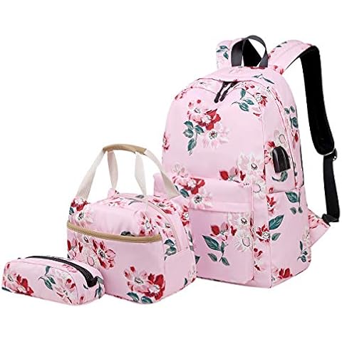 Floral High School Backpack with USB Charger School Bags for Girls College School Backpacks for Teen Girls Women Laptop School Rucksack Large Middle Secondary School Daypack Pen Case Lunch Bag Pink Cover