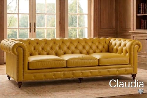 Image of Classic Leatherette Chester Sofa Set Button Tufted, Classic Style Sofa Set 3-Person Sofa for Living Room, Office, and Hallway Colour (Yellow Leatherette, 3+1+1= 5 Seater Sofa)