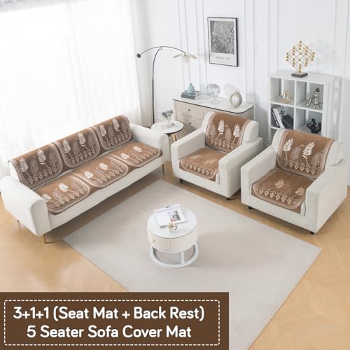Image of HOKIPO Bagh Brown Premium Chenille Jacquard Sofa Cover 5 Seater Set - Washable 3+1+1 Sofa Cover for Seat & Back | 'Royal Aangan Series' (IN-1008-L6*2 + IN-1006-L6*4)