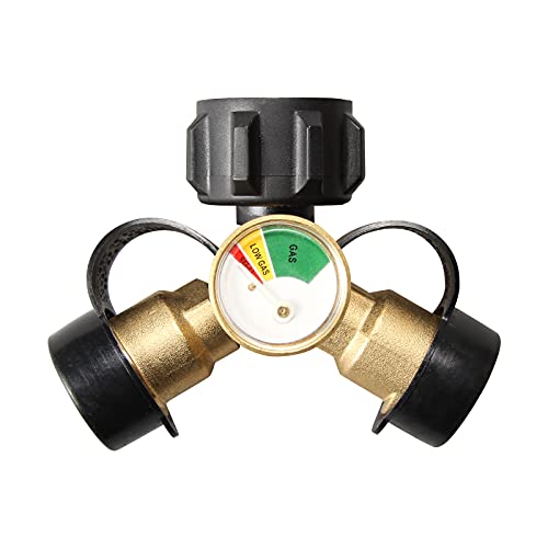 DOMINOX Propane Splitter Propane Tank Splitter Adapter Propane Gas Fittings with POL Gauge for 20lb Propane Tank Cylinder, BBQ Grills, Camping Stoves, Gas Burners, Heater, etc
