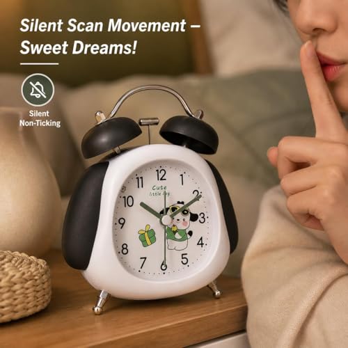 Image of RUCON Twin Bell Alarm Clock for Bedroom | Super Loud Analog Alarm Clock for Heavy Sleepers | Night Light | Metal Table Clock for Home, Office & Kids (White Panda)