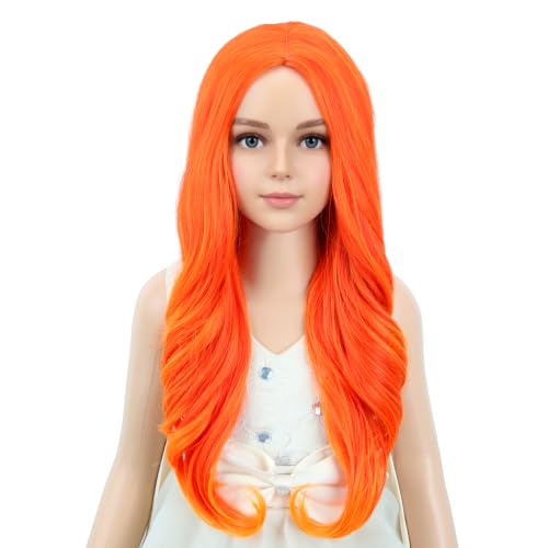 Image of PATTNIUM Kids Girls Flame Fire Wig Long Wavy Curly Orange Wig Orange Ombre Long Wigs Cosplay Costume Synthetic Wigs