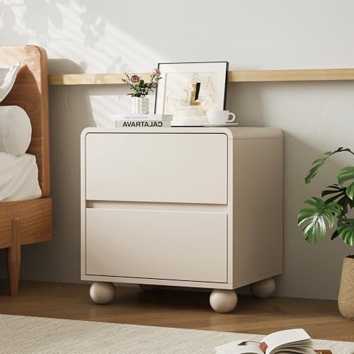 Image of MAISONARIA Curved Nightstand Set of 2, Modern Nightstand with 2 Large Storage Drawers, Wooden Endside Table for Bedroom, Beige