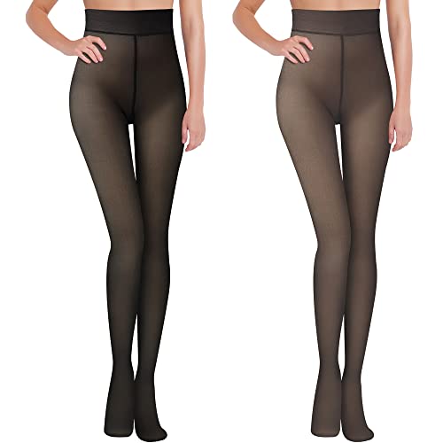 Geyoga Fleece Lined Tights Women 2 Pairs Fake Translucent Pantyhose Leggings Winter Warm Thick Tights Solid Colored Hosiery (Black, Brown, 300G+300G) #TOP7