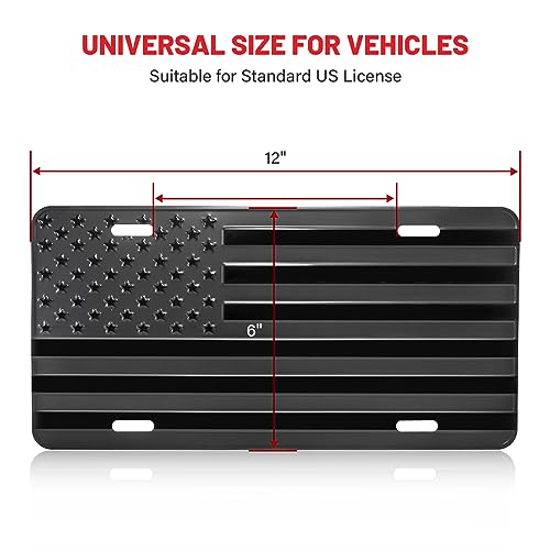 Red Wolf Car License Plate Bracket Frame American Flag Decorative Aluminum 3D Metal Embossed Usa Flag Patriotic License Plate Cover Holder 6 X 12 Inch, Heavy Duty Black W/Installation Accessories #TOP5