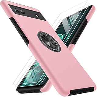 KOVASIA Case for Google Pixel 6A with 2 Pack Screen Protector, Case 360° Ring Stand Phone Case Multi-Layer Protective Magnetic Car Holder Shockproof Cover (Pink)