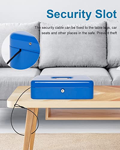 Cash Box With Money Tray And Lock, Large Money Box For Cash, 5 Coin Compartments, 4 Spring-Loaded, Money Safe With Security Cable, Blue #TOP3