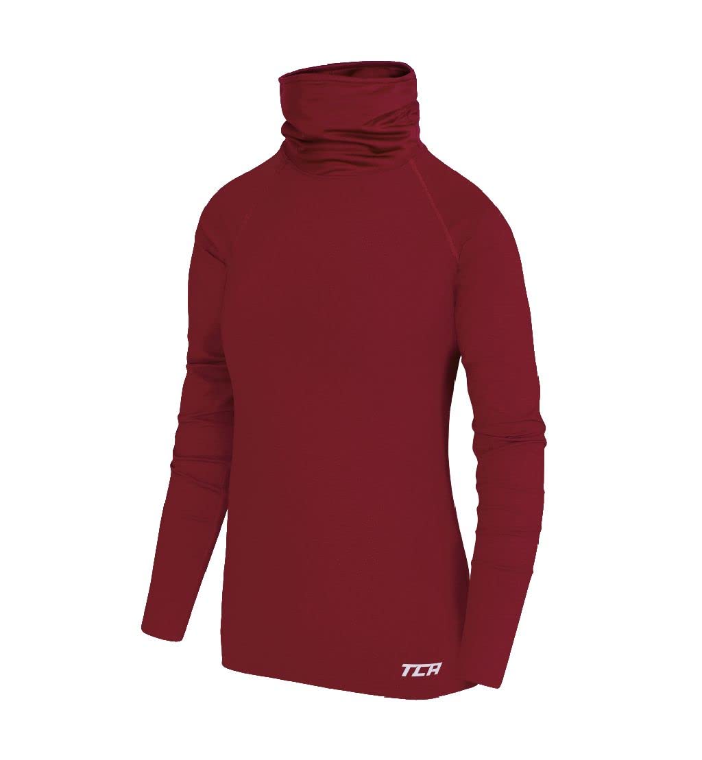 TCA Girls' Warm Up Long Sleeve Training Workout Funnel Neck Thermal Running Top with Thumbholes - Cabernet, LY 10-12 Years