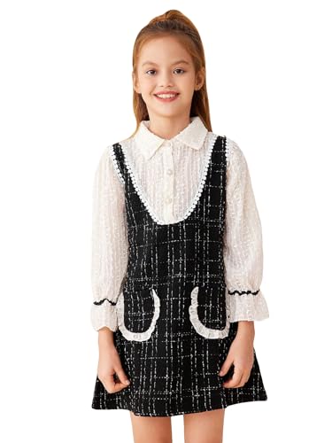 Image of WDIRARA Girl's Plaid Print Bow Front Tweed Dress Flounce Long Sleeve Mock Neck Cute Elegant Short Dresses Black and White 11-12Y