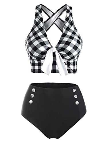 DRESSFO Women's Backless Halter Bikini Set – Sunflower and Stripe High Waist Swimwear with Knot Ring and Tummy Control