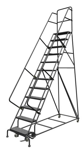 Image of Tri-Arc KDSR112246 12-Step Steel Rolling Industrial and Warehouse Ladder with Handrails and 24 inch Wide Perforated Tread