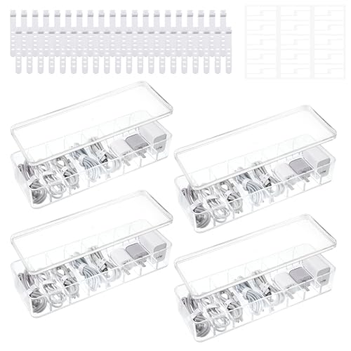 4 Pcs Cord Storage Organizer Clear Plastic Cable Storage Box with 40 Silicone Wire Ties, Cord...