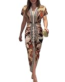 CHICME Summer Dresses for Women Floral Print Plunge V Neck Midi Dress Casual Ruched Slit Bodycon Party Dress Printed Brown-L