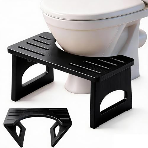 JACNITAD Foldable Toilet Stool, Poop Stool for Bathroom, Bamboo Toilet Stool Squat Adult, Collapsible Squat Potty Stool with Non-Slip Strip - Improve Squatting Posture and Comfort, 7 Inch, Black