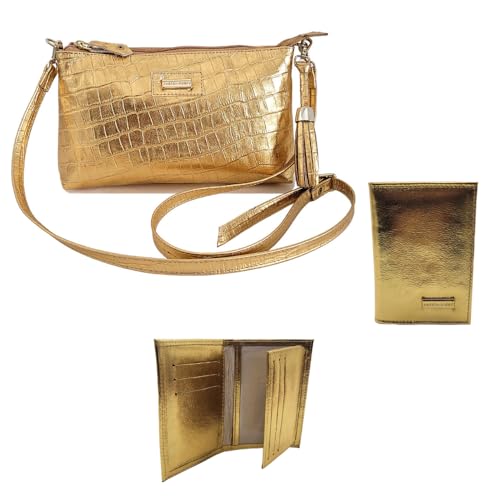 Kit Bolsa Feminina Transversal Couro Porta Documentos Couro Premium (Dourado Croco)
