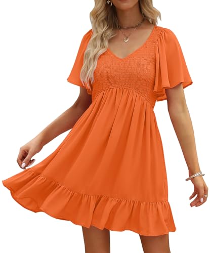 Image of LILLUSORY Women's Flowy Casual Mini Dresses 2026 Summer Graduation Smocked V Neck Vacation Dress Dress with Pockets