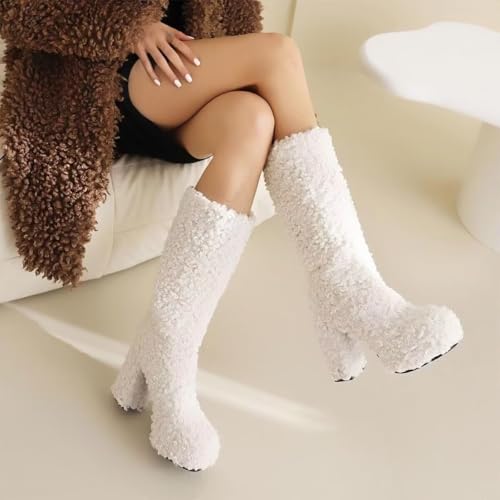 KISSASA Mid Calf Fluffy Furry Boots Warm Platform Chunky High Heel Pull On Boots Fashion Winter Boots2