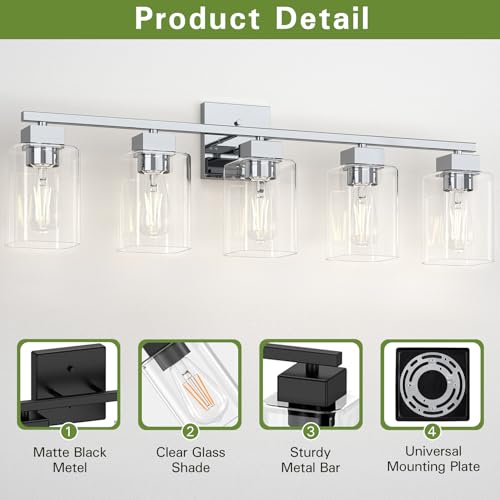 Image of 5 Light Bathroom Vanity Light - Chrome Bathroom Light Fixtures Square Design & UL Certification, 31 Inch Bath Room Light Fixtures Over Mirror for Living Room & Bedroom & Restroom