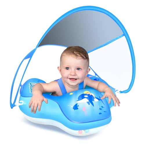 Image of LAYCOL Baby Swimming Float Inflatable Baby Pool Float Ring Newest with Sun Protection Canopy,add Tail no flip Over for Age of 3-36 Months