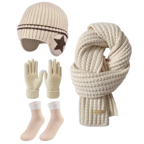 Conjunto Invierno áRtico Gorro Punto Guantes Lana Calcetines Para Nieve Gorro Punto Con PompóN Rosa Ribetepiel de Zorro Bufanda CáLida Calcetines Hasta Pantorrilla Con ProteccióN (BEIGE)