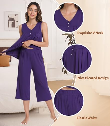 Image of NACHILA Pajamas for Women-Viscose Made from Bamboo, Sleeveless Pjs Top with Capri Pants Pajama Set Cool Pleated Sleepwear