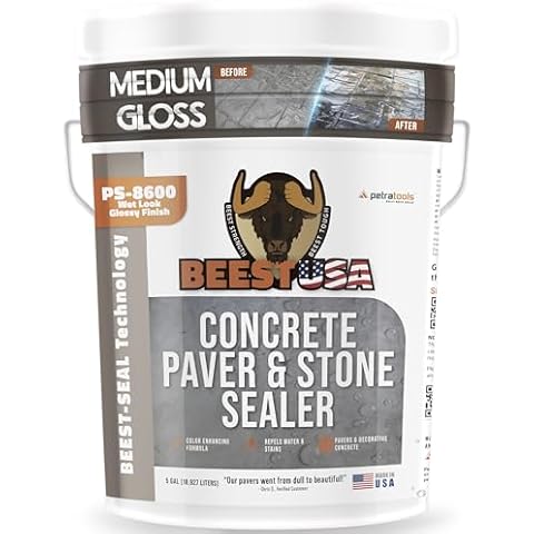 PS-8600 Medium Gloss - Paver Sealer 5 Gallon covers up to 875-1250 sq ft (2 Coats)| Wet Look Stone Sealer, Stamped Concrete Sealer, Color Enhancing Acrylic Sealer for Patios & Pavers - Concrete Sealer Cover