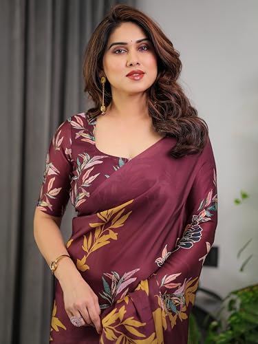 Image of ALMAARI FASHION Satin Georgette Floral Printed Saree with Blouse, 5.5 Meter Saree with 0.8 Meter Blouse, Traditional (SG 116 H)