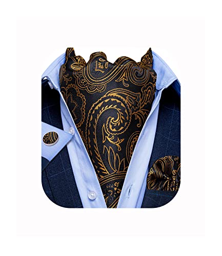 ascot ties for men black - DiBanGu Black Gold Paisley Ascot Tie Pocket Square Cufflinks Set Woven Cravat