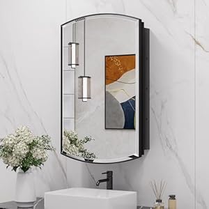 Keonjinn 16” x 26” Medicine Cabinet Mirror, Surface Mount or Recessed Oval Medicine Cabinet with Beveled Mirror, Arched Bathroom Mirror with Storage, Black Metal Framed Mirrored Medicine Cabinet Keonjinn 16 x 26 Medicine Cabinet Mirror Surface Mount or Recessed Oval Medicine Cabinet with Beveled Mirror Arched Bathroom Mirror with Storage Black Metal Framed Mirrored Medicine Cabinet
