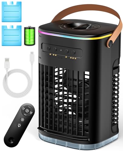 CENSTECH Small Portable Air Conditioners, 5400mAh Battery, 2Ice Packs Personal Air Conditioner, 7H Timer & 16.5ft Remote, 7Color Light, 1200ML Water Tank, 3Speed & 2Cool Mist Small AC Unit for Bedroom