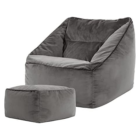 Icon Riesen Sitzsack Sessel „Natalia“ mit Hocker, Anthrazitgrau, Plüsch XXL Sitzsack Erwachsene mit Füllung für das Wohnzimmer, Riesensitzsack Sofa XXL Cover