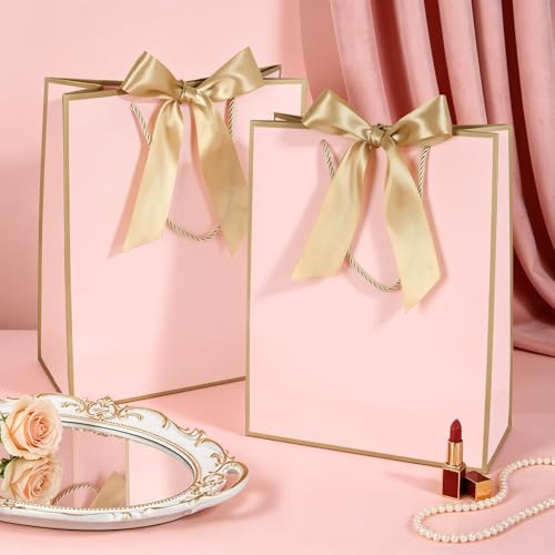 Image of JMANNI 12 Pcs Wedding Paper Gift Bags with Handle,13 inch Medium Thank You Gifts Bags with Ribbon Bow Bridal Shower Gifts for Baby Shower Graduation Holiday Birthday Party Supplies Mothers Day(pink-gold)