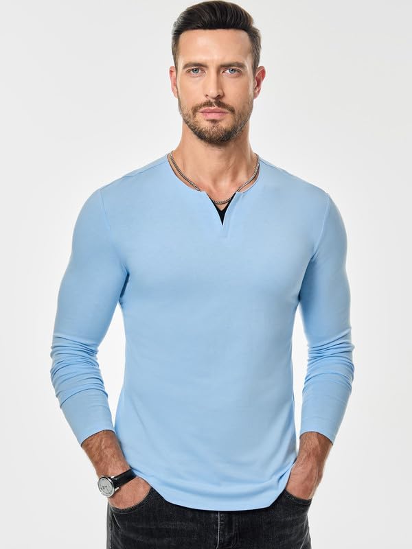 Men's V Neck Long Sleeve Shirts Casual Henley Cotton T-Shirts Slim Fit Longline Tee Shirts3