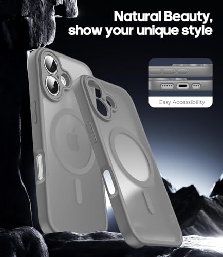 Image of Elzzi Compatible with iPhone 16 Plus Case, MagSafe Compatible Magnetic Translucent Matte Back Cover, Shockproof Slim Protective Case with Camera Lens Protection, Anti-Fingerprint, Grey