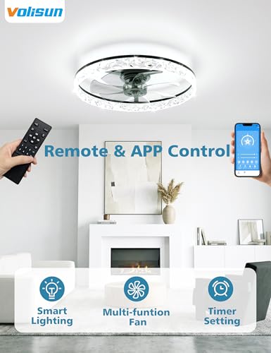 Image of VOLISUN Low Profile Ceiling Fan with Lights and Remote, No Assembly, 24in Modern Ceiling Fans Flush Mount, 3000K-6500K Dimmable Bladeless LED Fan Light, Black Fandelier Ceiling Fans for Bedroom
