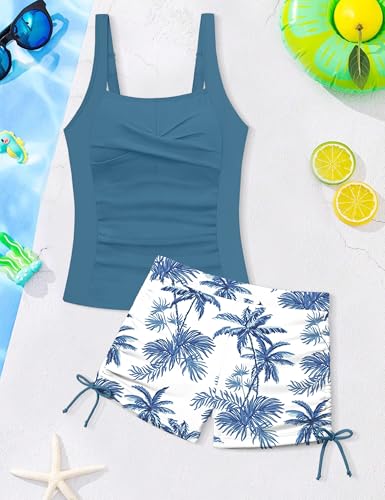 Image of Girls Tankini Swimsuit 2 Piece Bathing Suit Twist Cross Back Cutout Swim Tank Top Floral Print Swimwear for 7-18Y