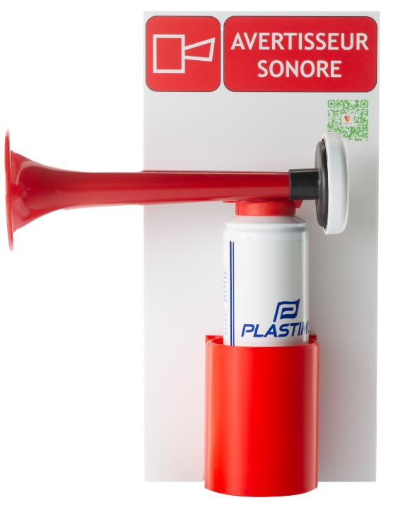 Support Mural pour Corne de Brume avec Panneau de Signalisation, PVC 5mm, 15x35 cm, QR Code Multilingue, Évacuation ERP