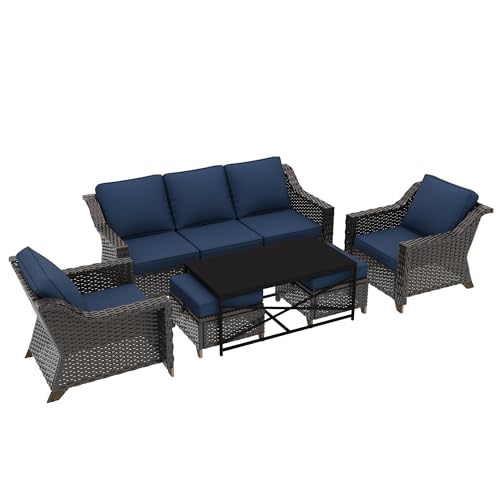 Image of 6 Pieces Outdoor Conversation Furniture Set - 77 inch Patio Sofa, 2 Armchairs, 2 Ottomans, 1 Metal Table, Patio Wicker Couch Set with Washable Cushions for Swimming Pool (Navy Blue) | Patio Chair Set with Olefin Removable Cushion, All-Weather Outdoor Couch with Deep Seat for Porch, Deck and Backyard, Blue