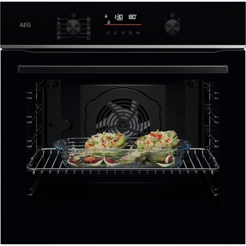 AEG Horno Multifunción TU5PB431SB, 72 L, Limpieza Pirolítica, 9 Funciones, 45 Programas, Wifi, SurroundCook, Pantalla LED, Cocción Multinivel, Carriles Telescópicos, Mandos Escamotables, Cristal Negro