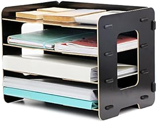 EXERZ Wooden File Organiser 4 Tiers for Desk Tidy, Office Supplies, Document Holder, Student Homework, School Work, Notebook, Letters and Magazine Storage, Stationary(Black)