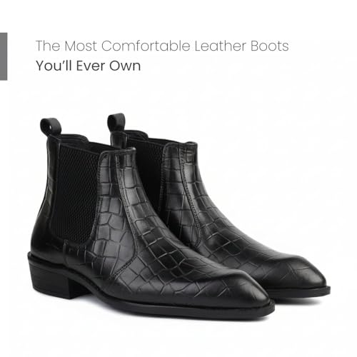 Image of Hayes London Chelsea Boots for Man | Crust Leather Black Ankle Boots | Cuban Heel Pointed Toe Stylish Formal & Casual Boots for Men | Slip-On Elastic Side Panel