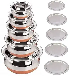 Stainless Steel Copper Bottom Handi Set of 5 Piece with lid Kitchen Serving, PUHBRHY Cooking Bowl with Lid, Pot and Pen with Lid, Panjabi Handi Set with Lid, Cooking Pot with Lid,
