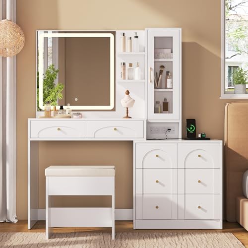 Lcoho Tocador grande con espejo LED, enchufe, 8 cajones y taburetes – tocador moderno con 2 estantes y 1 armario de cristal, gran espacio para dormitorio, color blanco, 131,5 x 40 x 140 cm