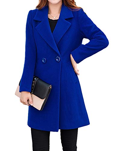 Springrain Women's Notched Lapel Collar Double Breasted Pea Midi Long Coat (Blue, M)