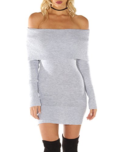 Simplee Apparel Women's Long Sleeve Off Shoulder Knitted Sweater Dress,Gray,One Size,Gray,One Size