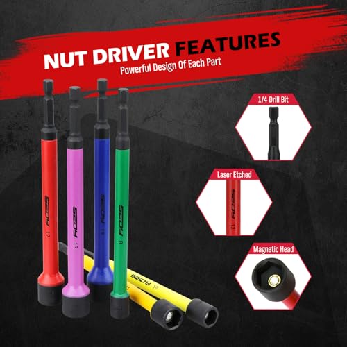 Magnetic Impact Nut Driver Set: 6-Piece Metric Color Coded Nut Setter Set 6 Inch Length CR-V Nut Driver Tool Set 1/4 Inch Hex Shank Extra Long Nut Driver Bit Set