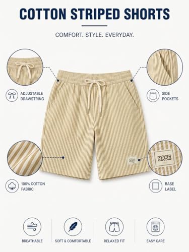 Image of Men's Cotton Casual Shorts |Striped Half Pants for Men |Comfortable | Elastic Waist with Drawstring | Lightweight & Comfortable for Beach Vacations, Casual Daily Outings & Sleepwear Bermuda Shorts