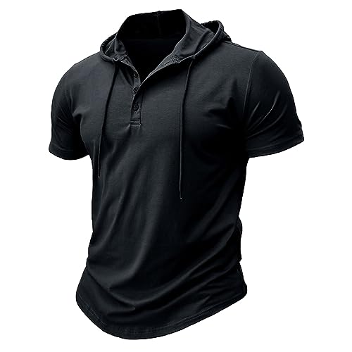 Men's Short Sleeve Hoodie Cotton Hooded T Shirts Lightweight Sweatshirt Hoodies Pullover Casual Fashion Button Sport Tee Tops4
